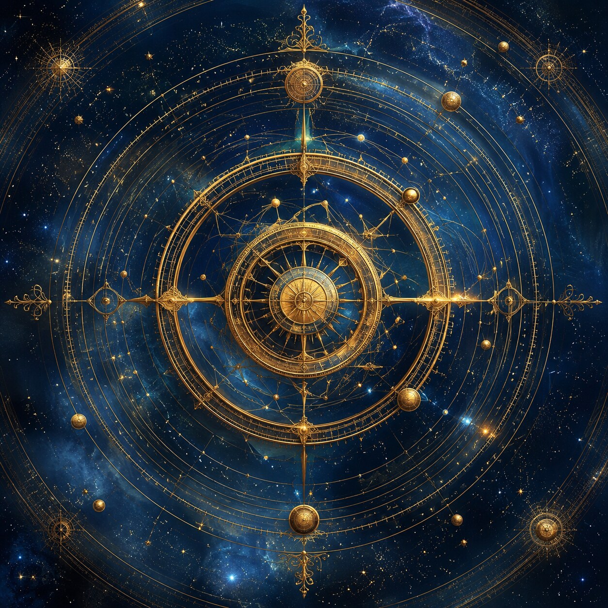 Astrolabe doré sur fond bleu nuit